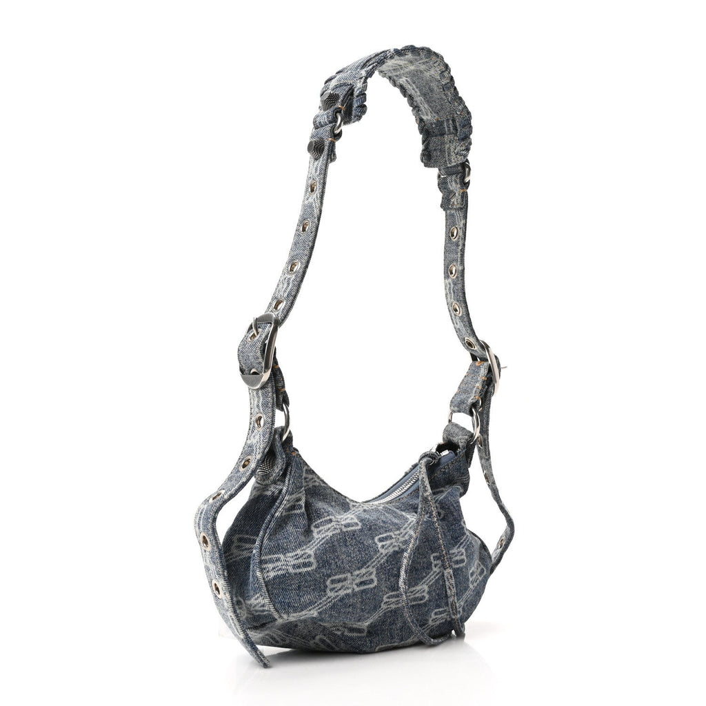 Balenciaga Bleached Denim BB Monogram Le Cagole Shoulder Bag XS Blue