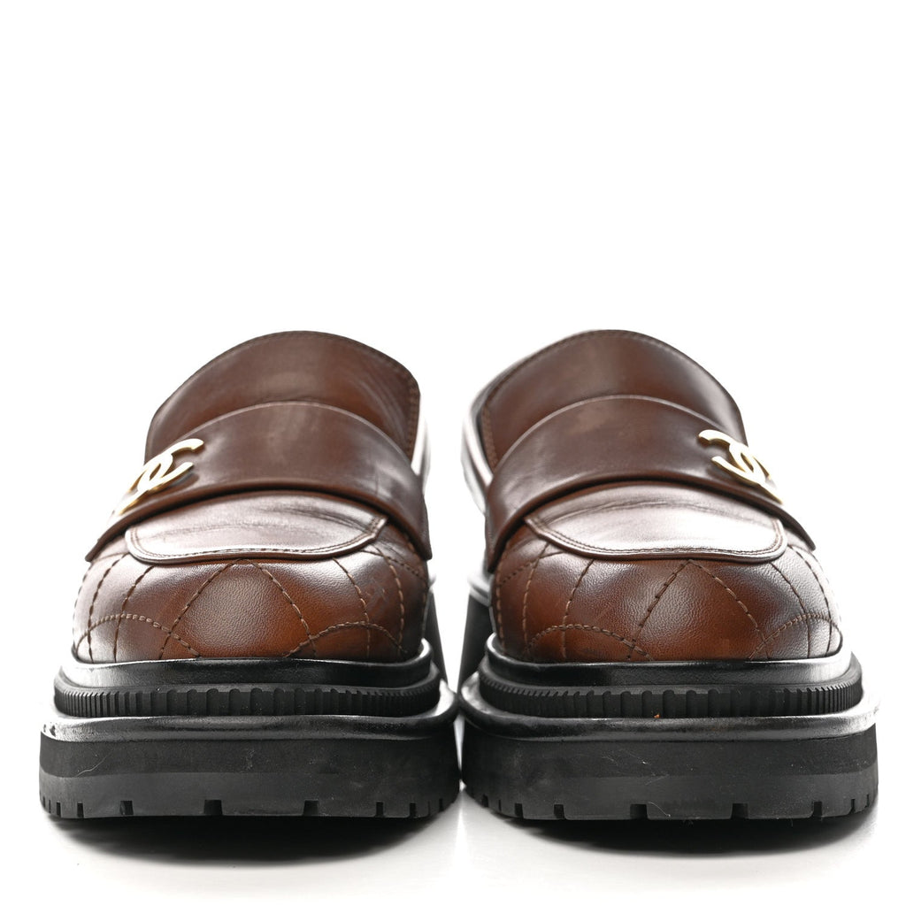 Chanel Calfskin Quilted CC Mocassin Loafers 36 Brown