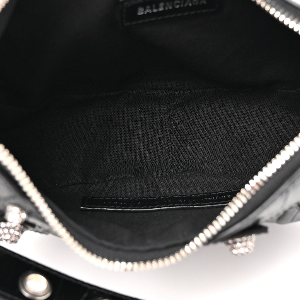 Balenciaga Extra Supple Calfskin Crystal Crocodile Embossed Le Cagole Shoulder Bag XS Black