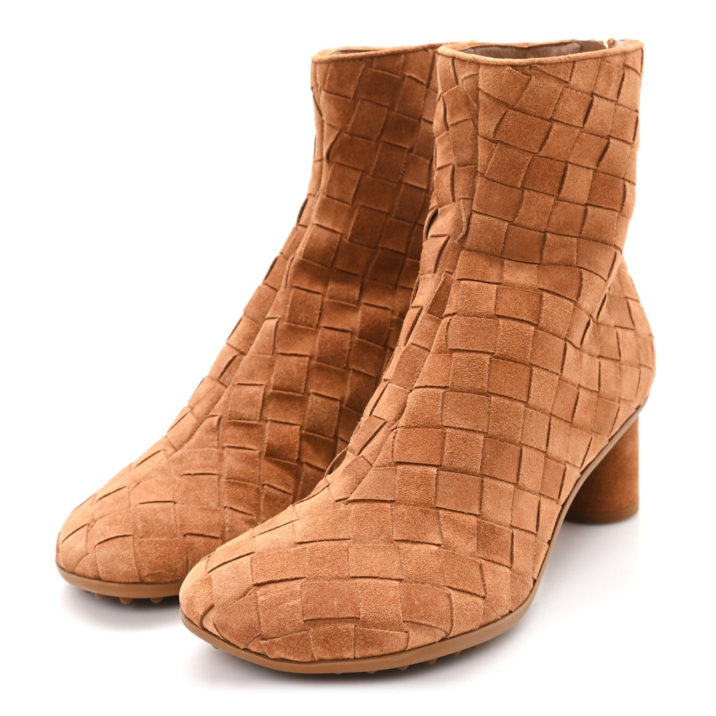 Bottega Veneta Suede Intrecciato Atomic Mid Heel Ankle 40 Caramel
