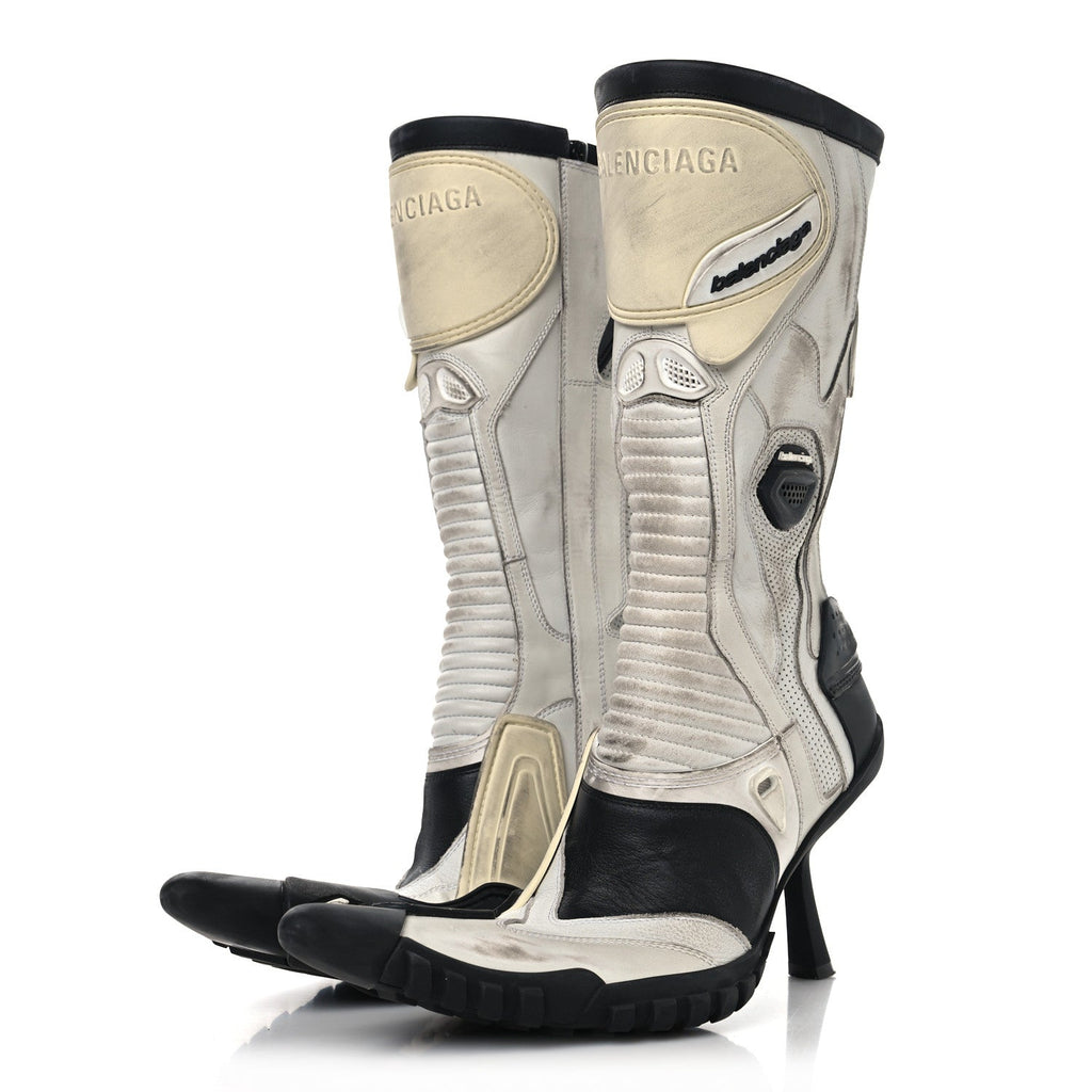 Balenciaga Calfskin Distressed Biker Boots 38 White Beige Black