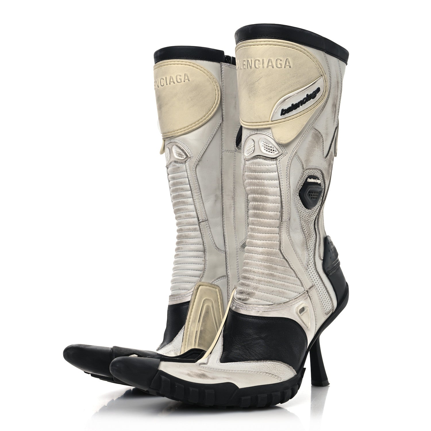 Balenciaga Calfskin Distressed Biker Boots 38 White Beige Black