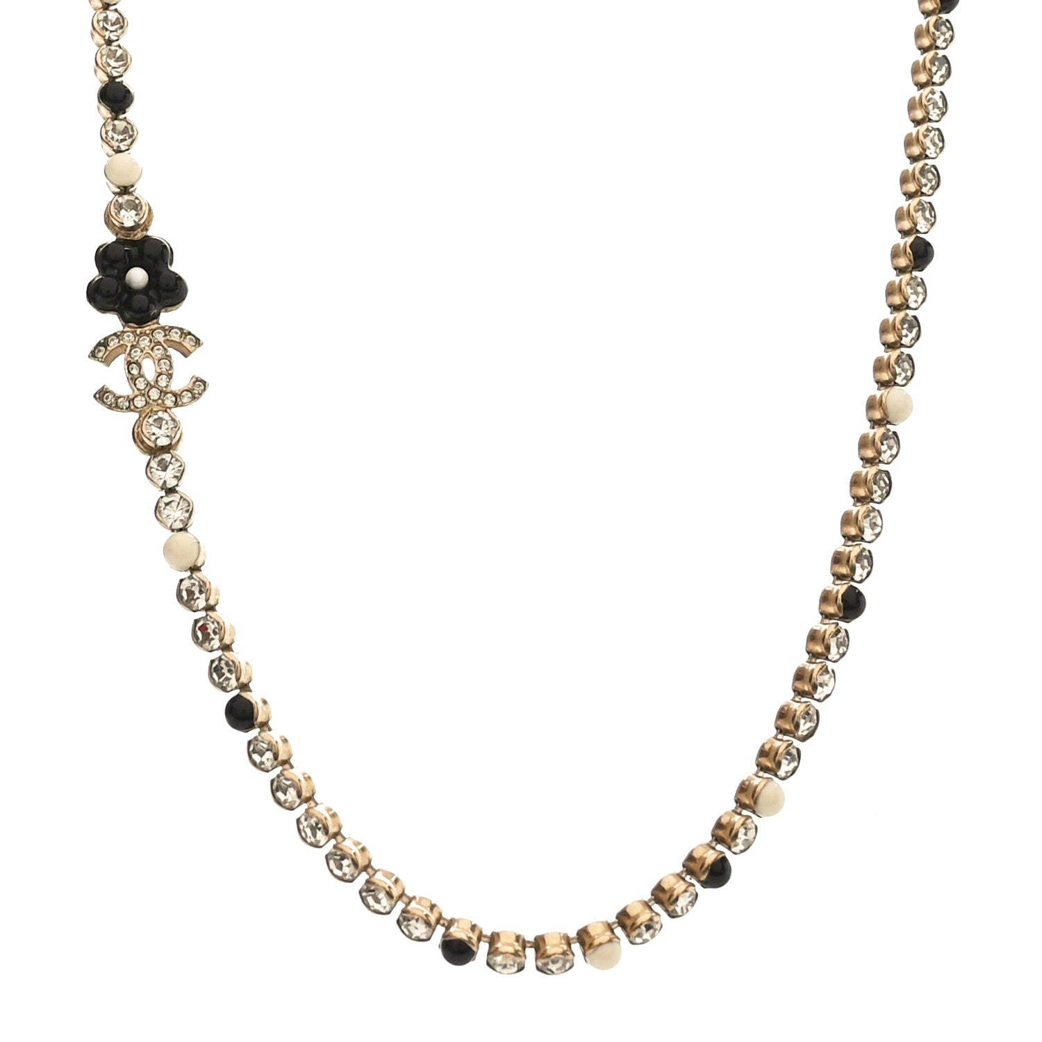 Chanel Crystal Pearl Glass Beaded CC Short Necklace Gold White Black