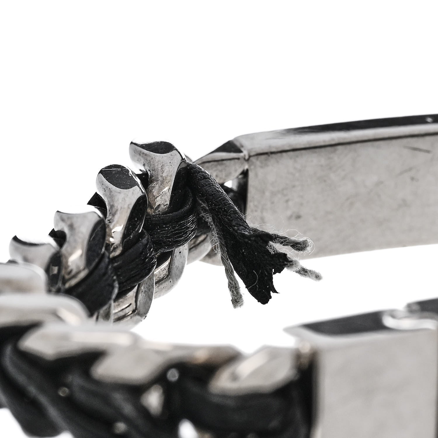 Saint Laurent Metal Leather Curb Chain Bracelet Oxidized Silver Black