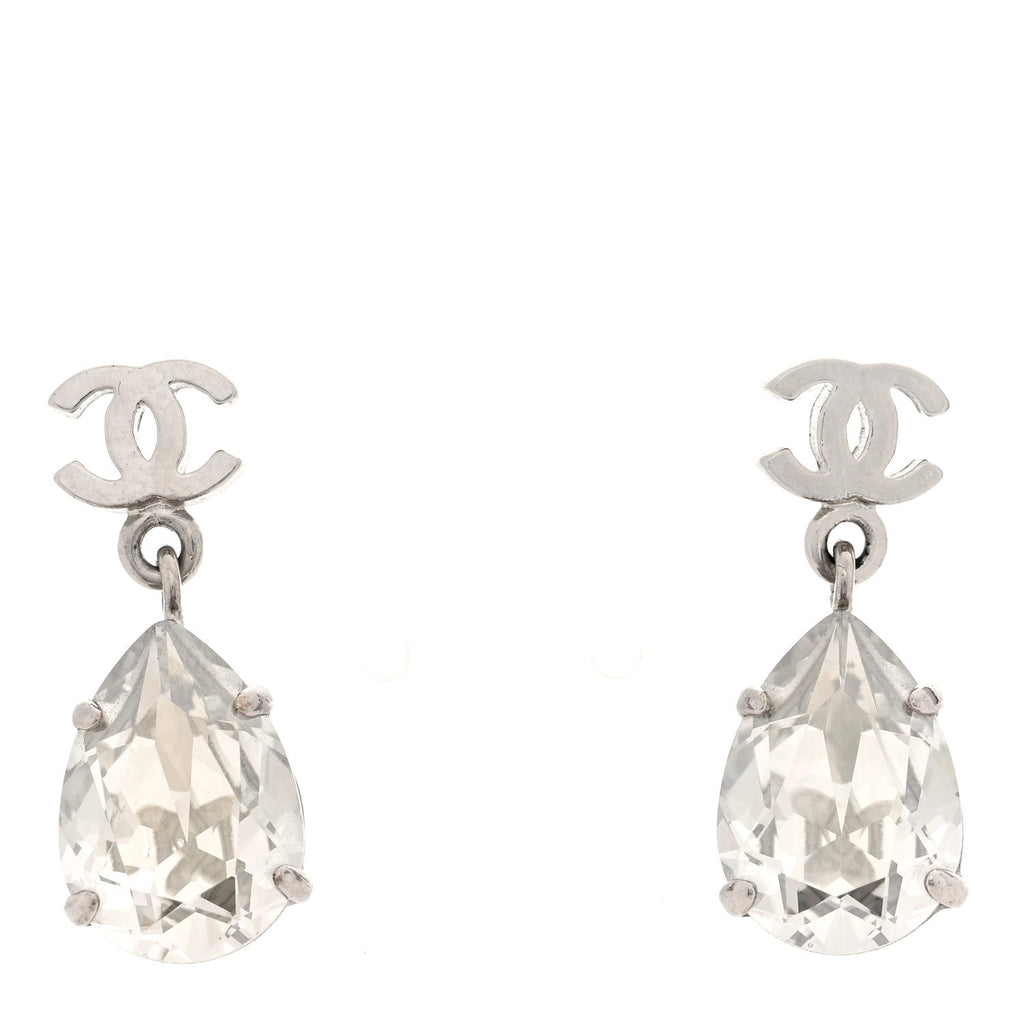 Chanel Crystal CC Tear Drop Earrings Silver