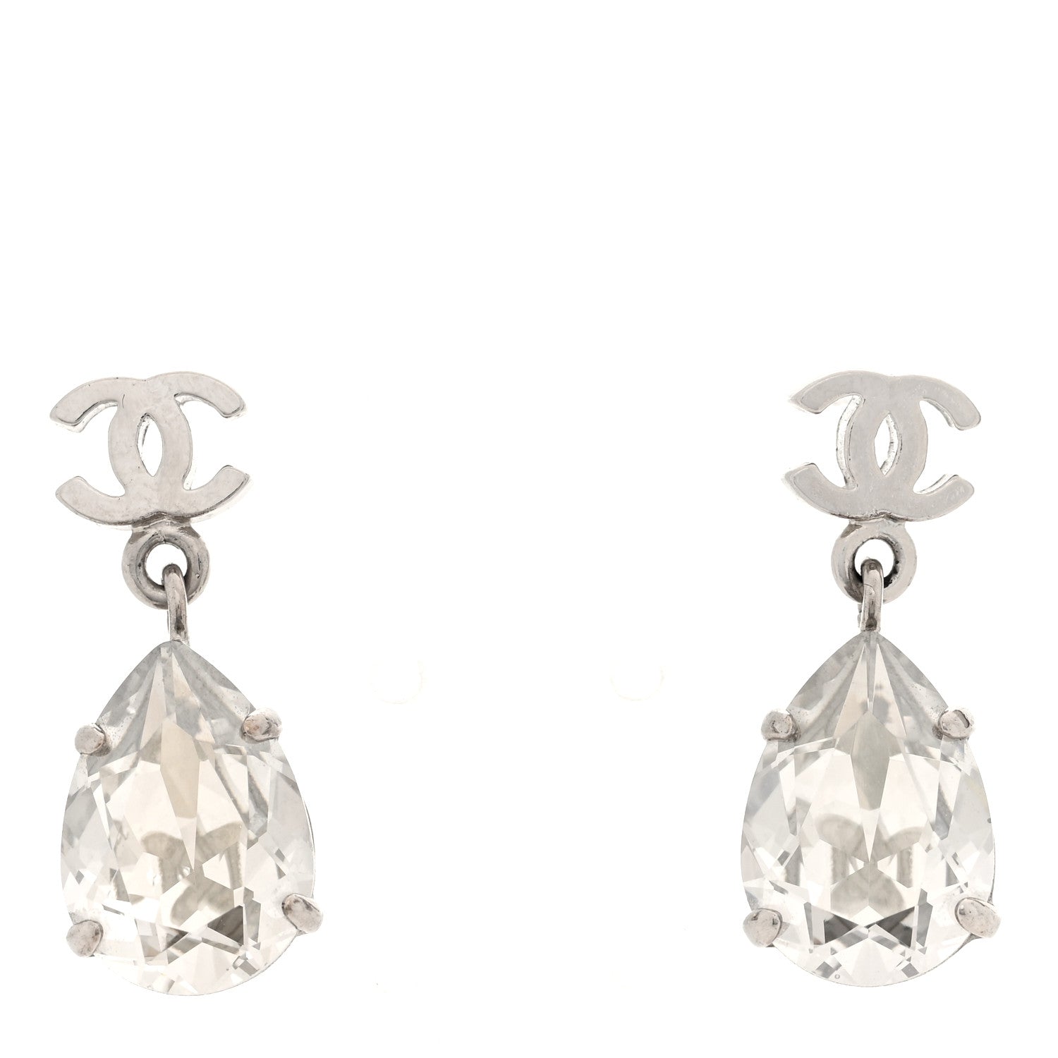 Chanel Crystal CC Tear Drop Earrings Silver