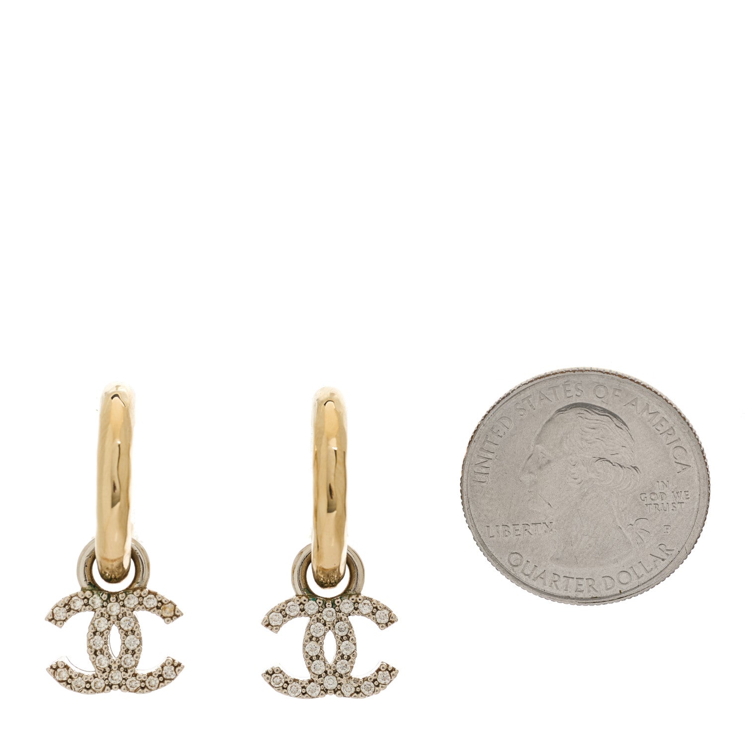 Chanel Metal Crystal Studded CC Hoop Drop Earrings Gold