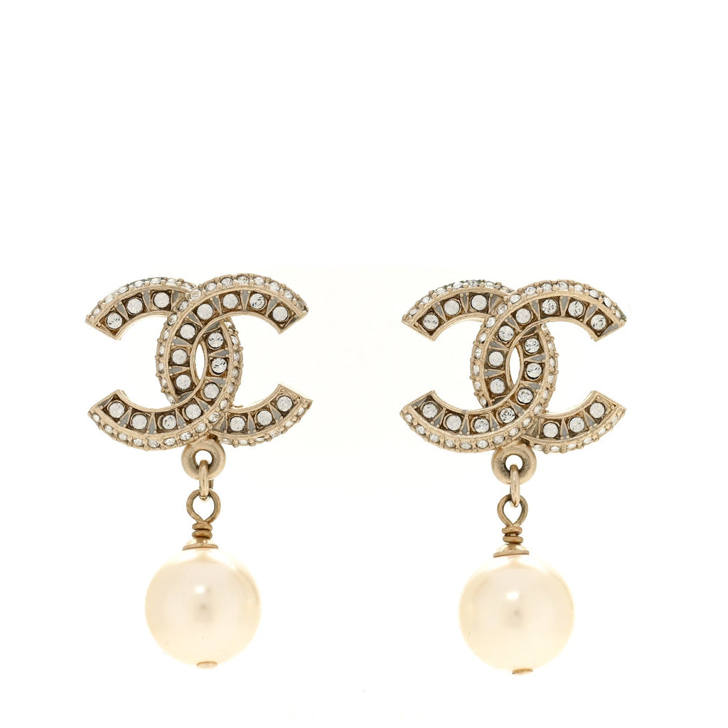 Chanel Crystal Timeless CC Pearl Drop Earrings Light Gold