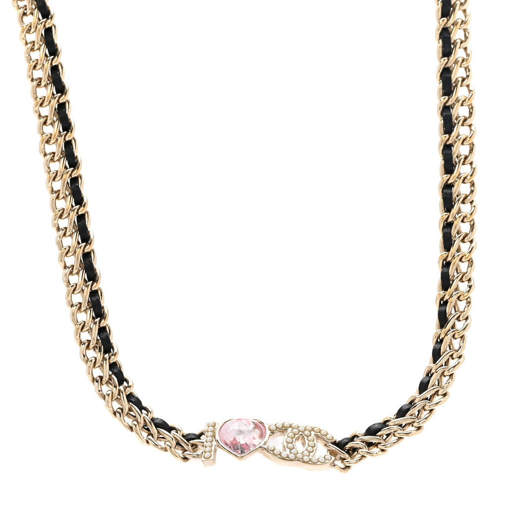 Chanel Metal Lambskin Crystal I Heart CC Choker Necklace Gold Black