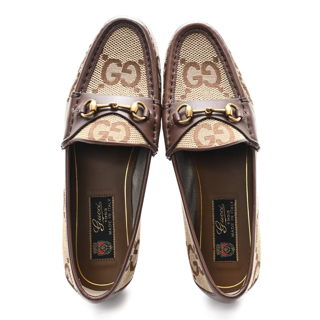 Gucci Monogram Jumbo GG Malaga Kid Horsebit Womens Jordaan Loafers 36.5 Beige Ebony New Acero