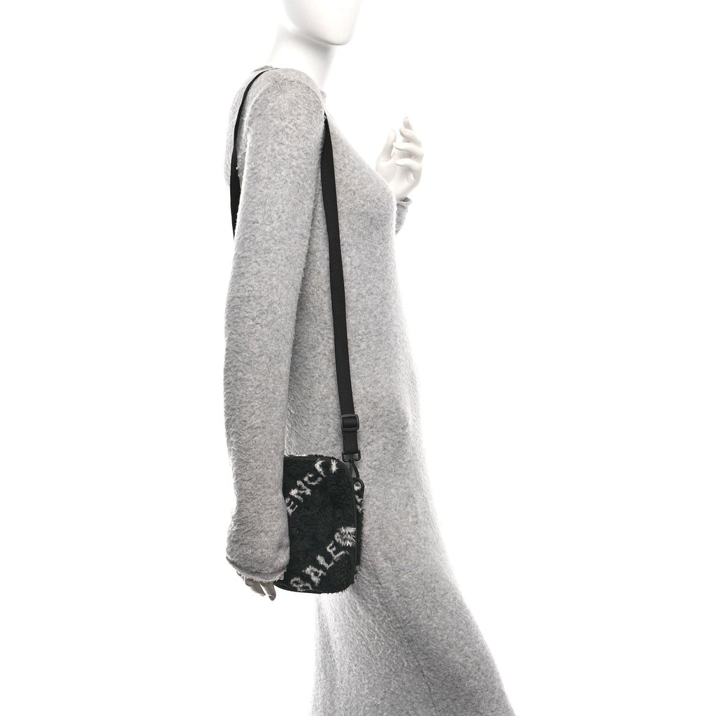 Balenciaga Faux Fur Diagonal Logo Explorer Crossbody Pouch  Black White
