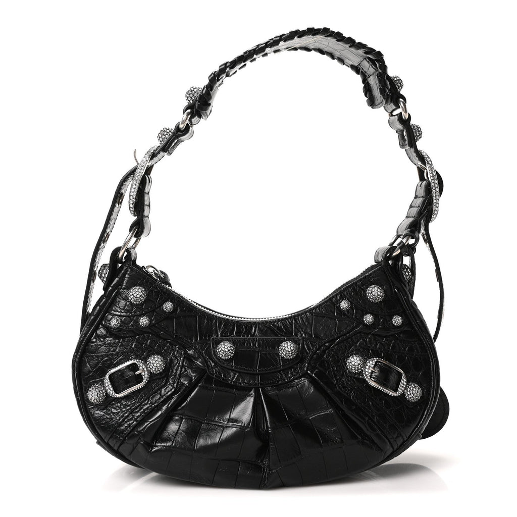 Balenciaga Extra Supple Calfskin Crystal Crocodile Embossed Le Cagole Shoulder Bag XS Black