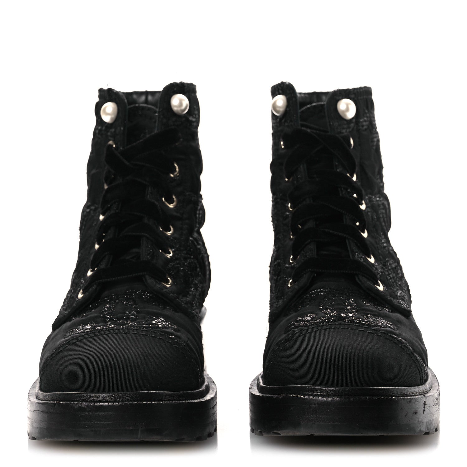 Chanel Grosgrain Tweed Pearl CC Combat Short Boots 39 Black