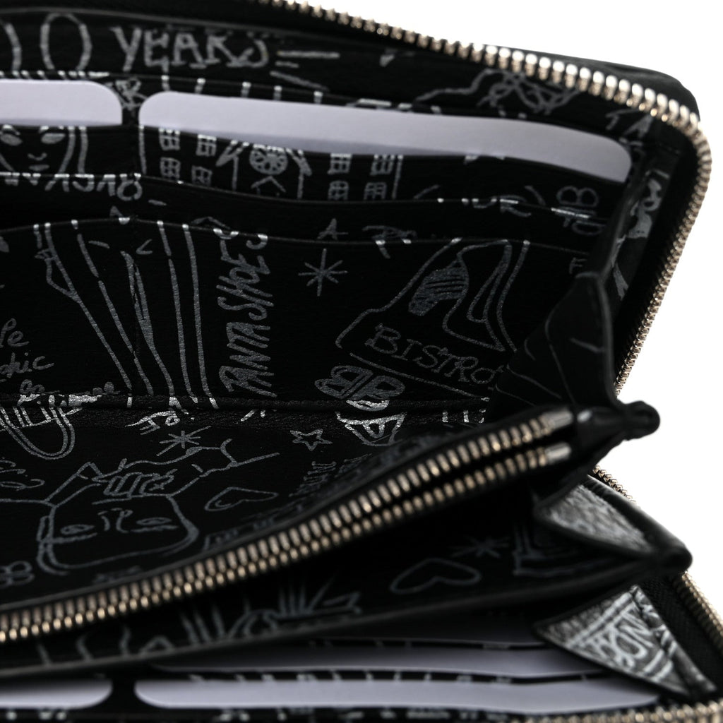 Balenciaga Calfskin Classic Silver Hardware Printed Tattoo Everyday Continental Zip Around Wallet Black