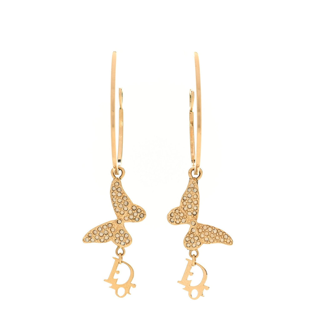Christian Dior Metal Crystal Butterfly Logo Hoop Earrings Gold