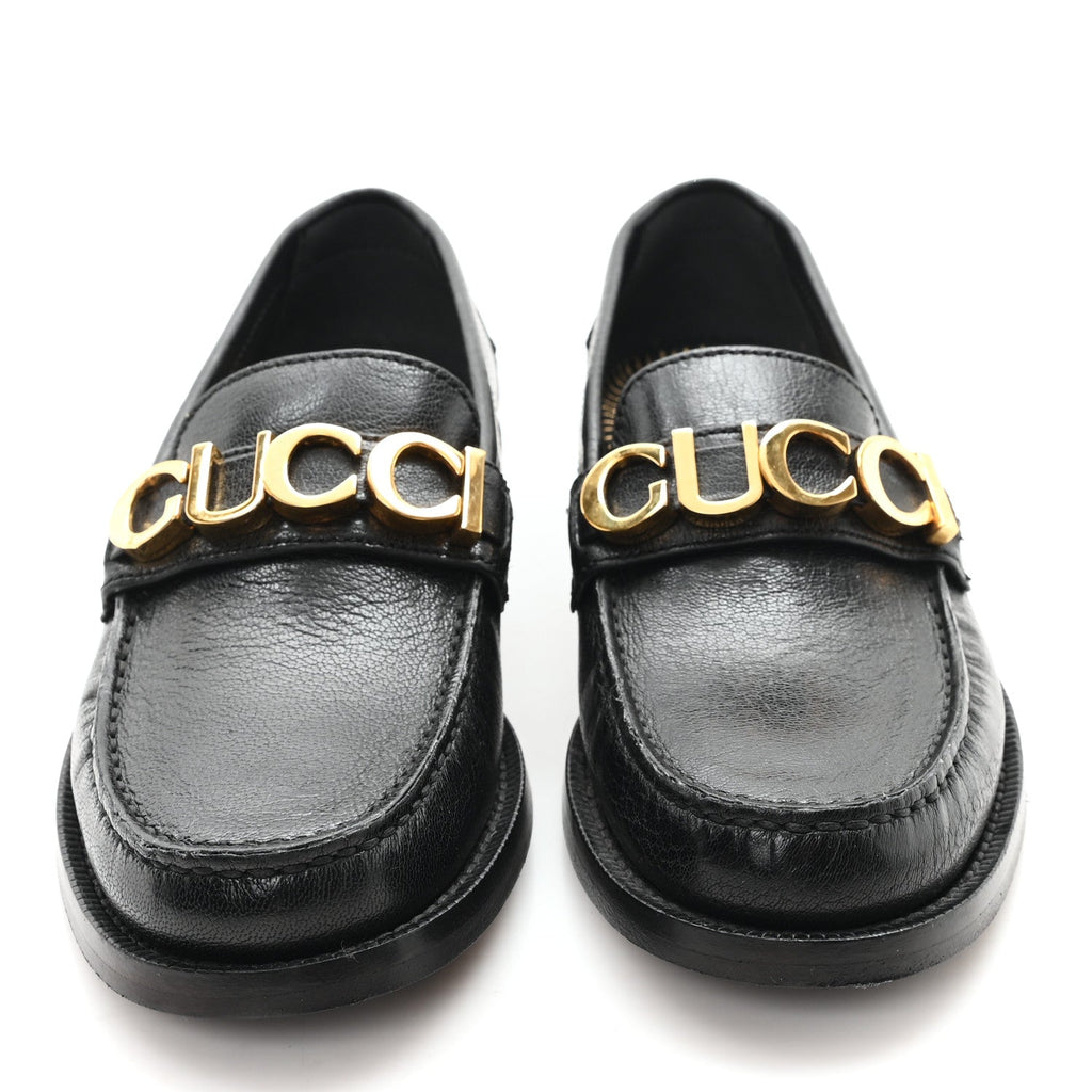 Gucci Goatskin Womens Logo 15mm Loafers 35 Black