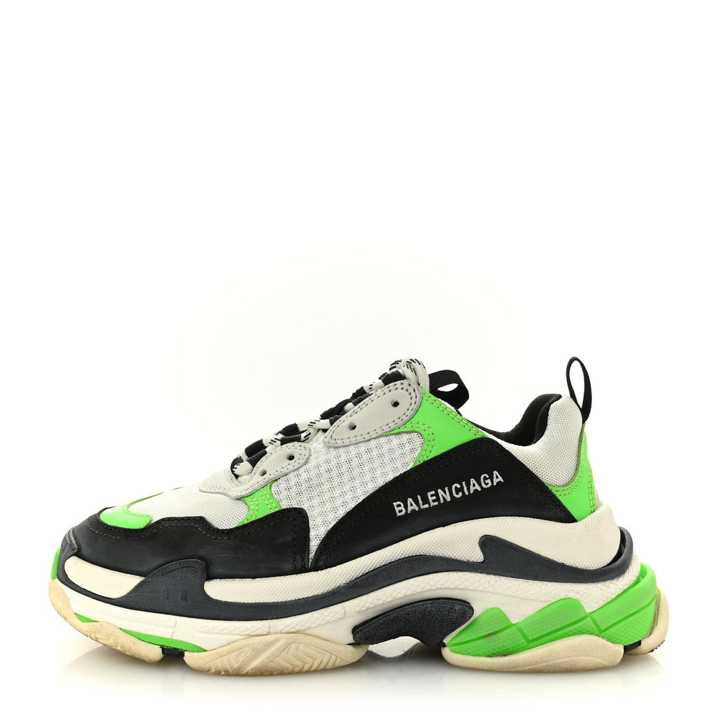 Balenciaga Fabric Mesh Womens Triple S Sneakers 37 White Green Fluo Black