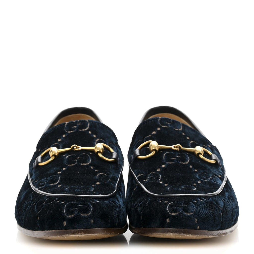 Gucci Velvet GG Monogram Horsebit Mens Jordaan Loafers 8.5 Blue Beige