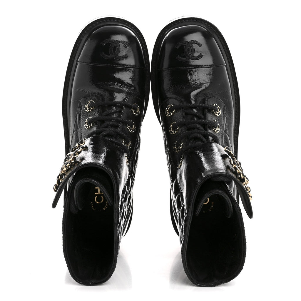 Chanel Shiny Goatskin Calfskin Quilted Lace Up Combat Boots 36.5 Black