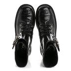 Chanel Shiny Goatskin Calfskin Quilted Lace Up Combat Boots 36.5 Black