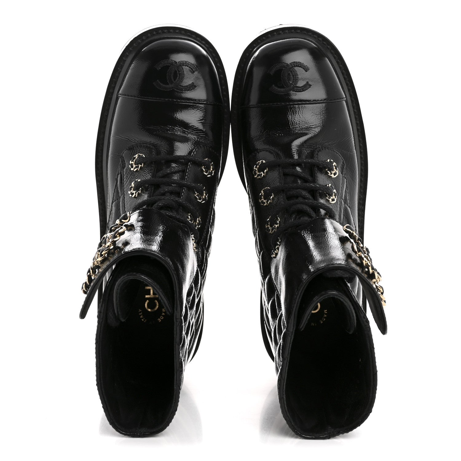 Chanel Shiny Goatskin Calfskin Quilted Lace Up Combat Boots 36.5 Black