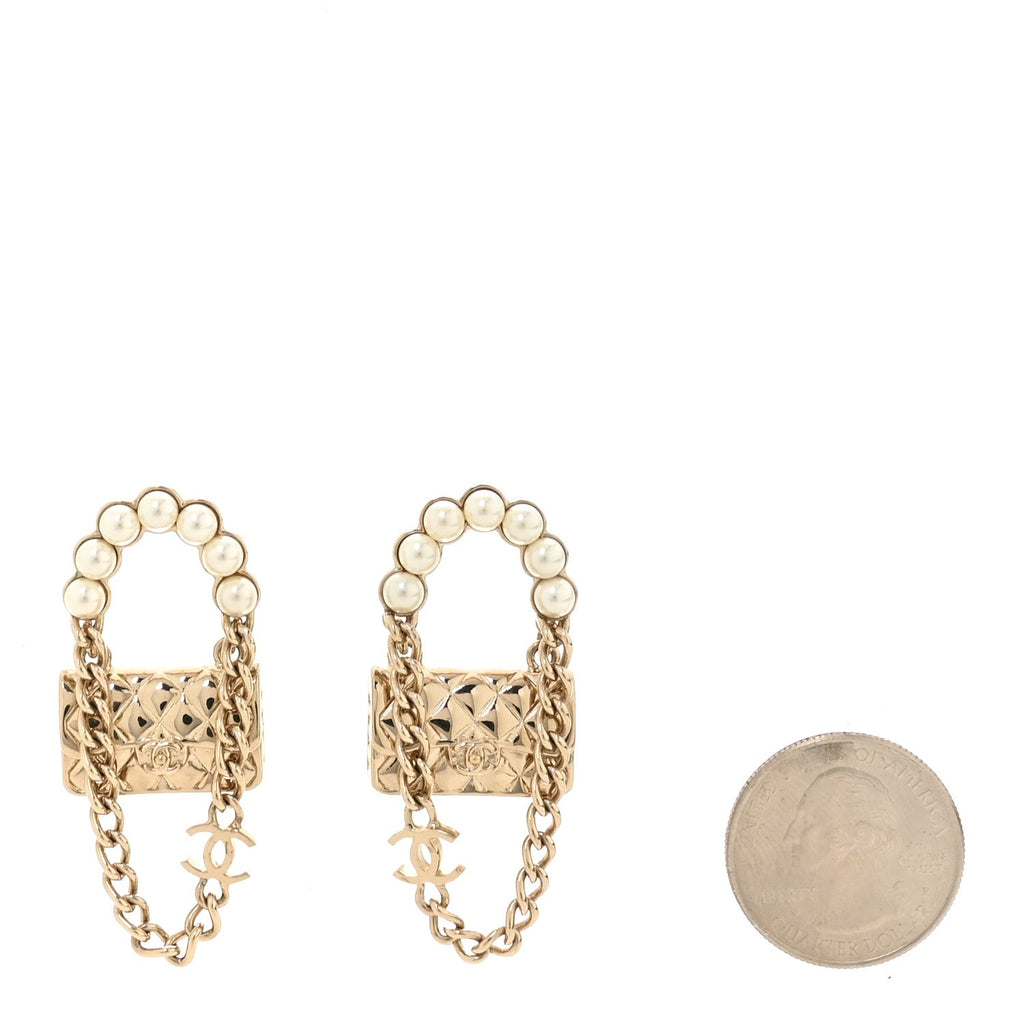 Chanel Metal Pearl Quilted CC Flap Bag Earrings Gold