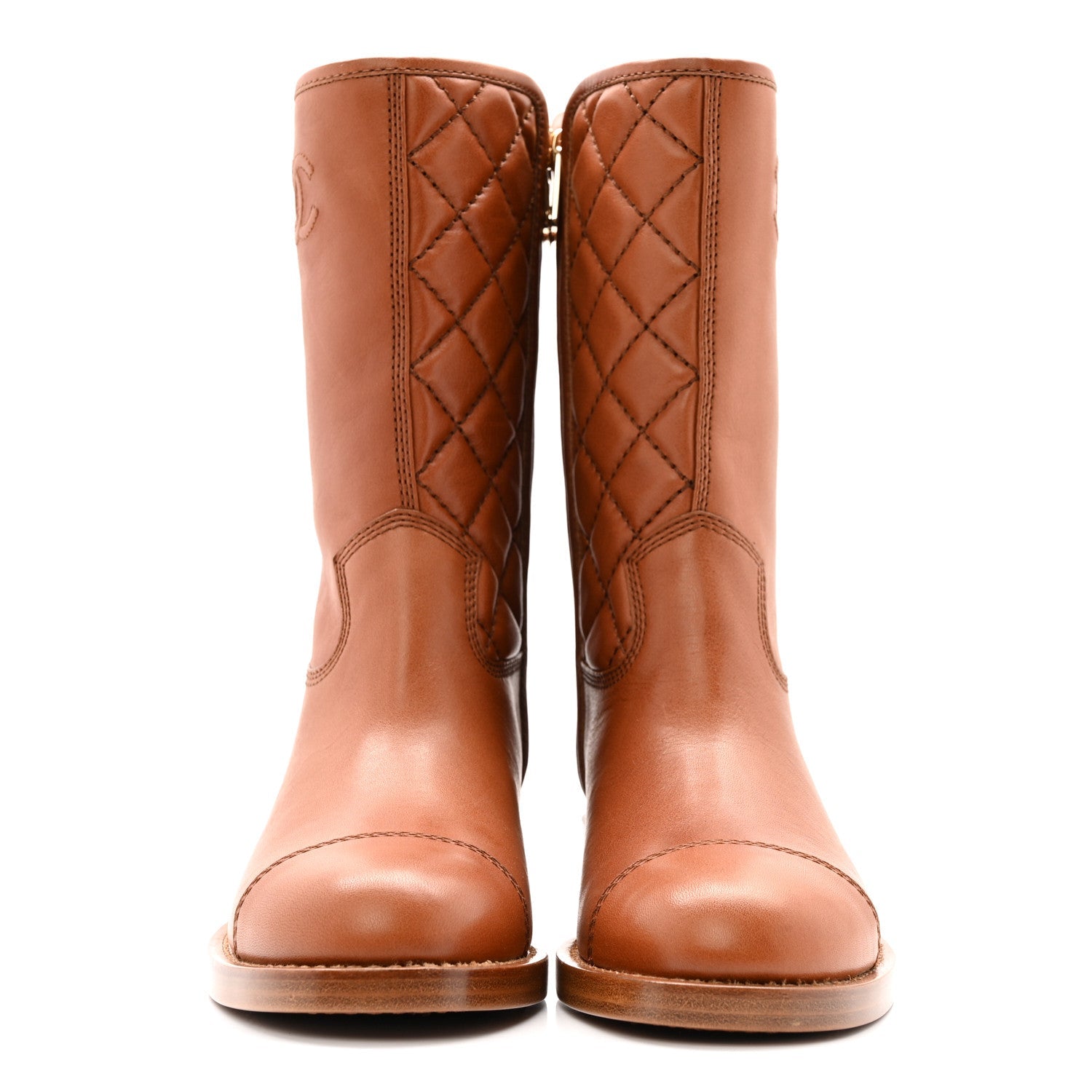 Chanel Calfskin CC Logo Mid Calf Boots 37 Caramel