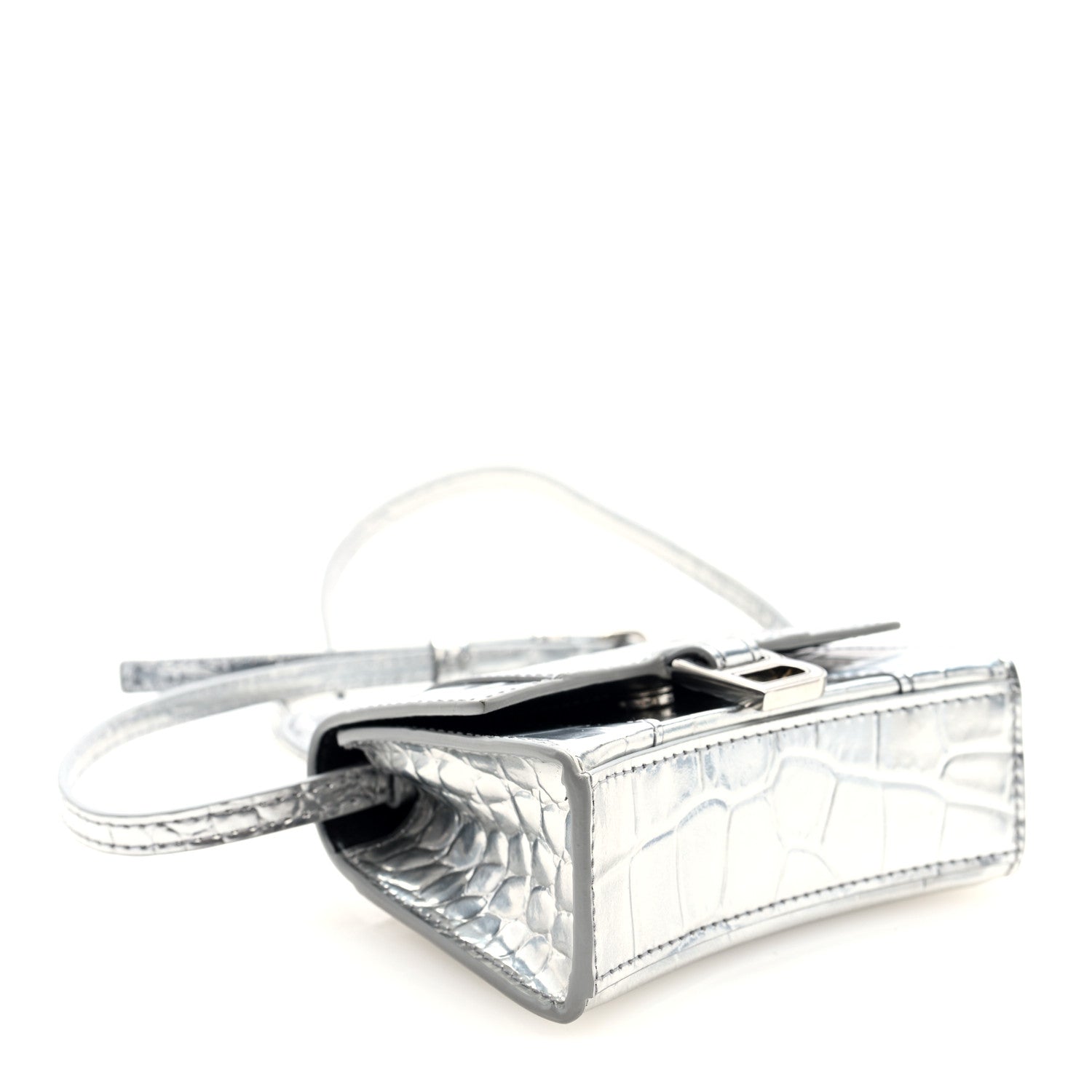 Balenciaga Metallic Calfskin Crocodile Embossed Hourglass Top Handle Bag Mini Silver