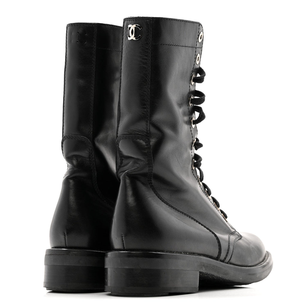 Chanel Calfskin Lace Up Combat Boots  39.5 Black