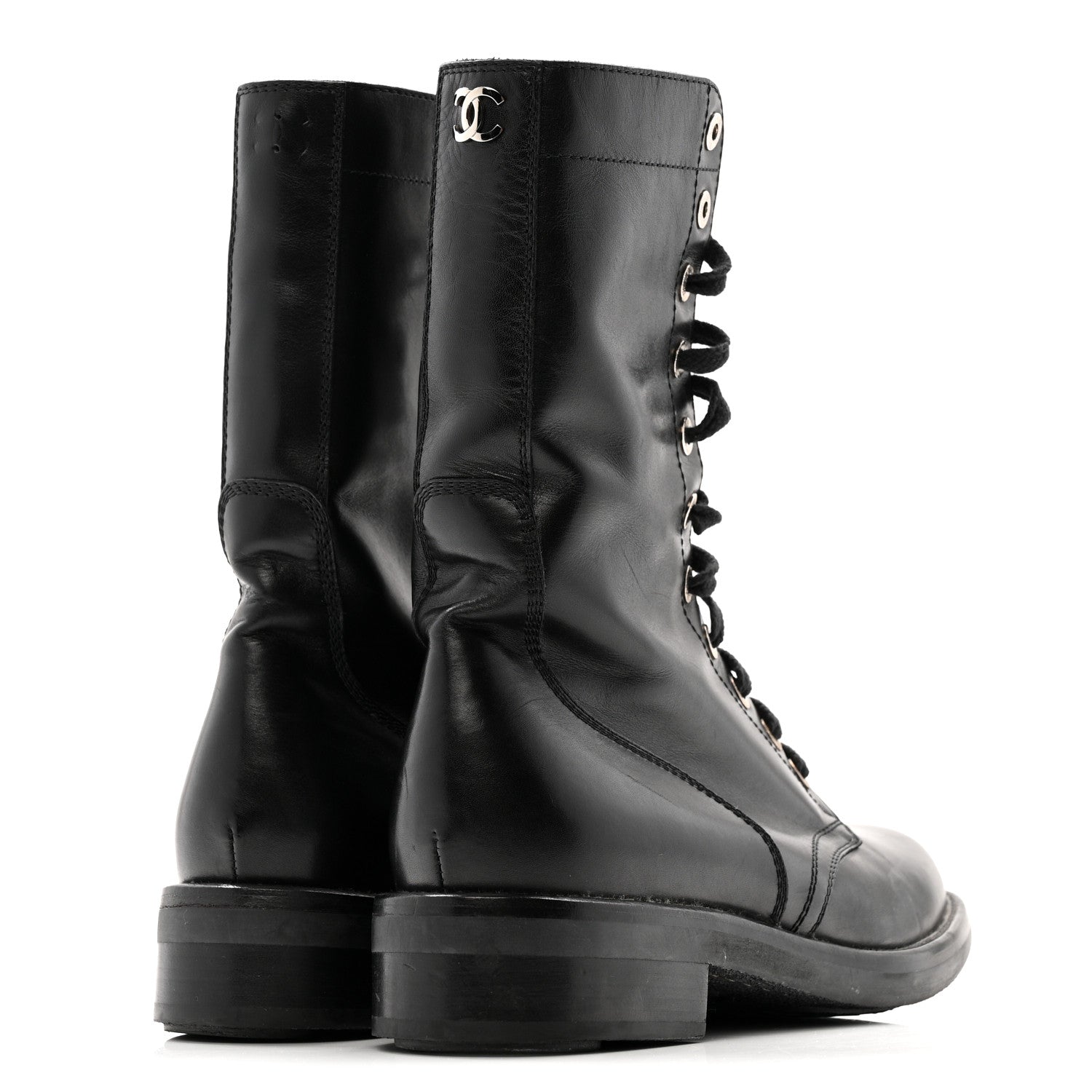 Chanel Calfskin Lace Up Combat Boots  39.5 Black