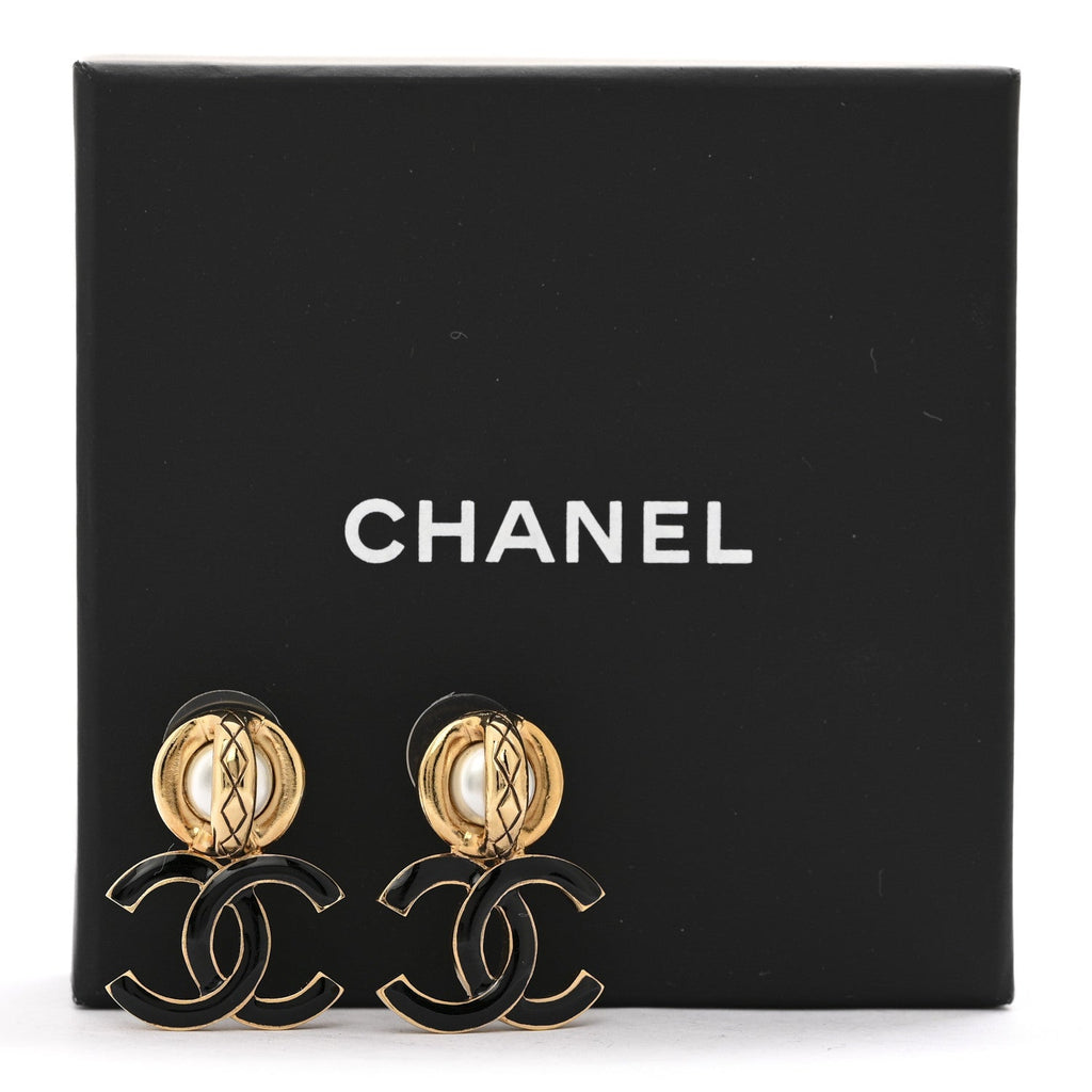 Chanel Pearl Resin CC Drop Earrings Gold Black