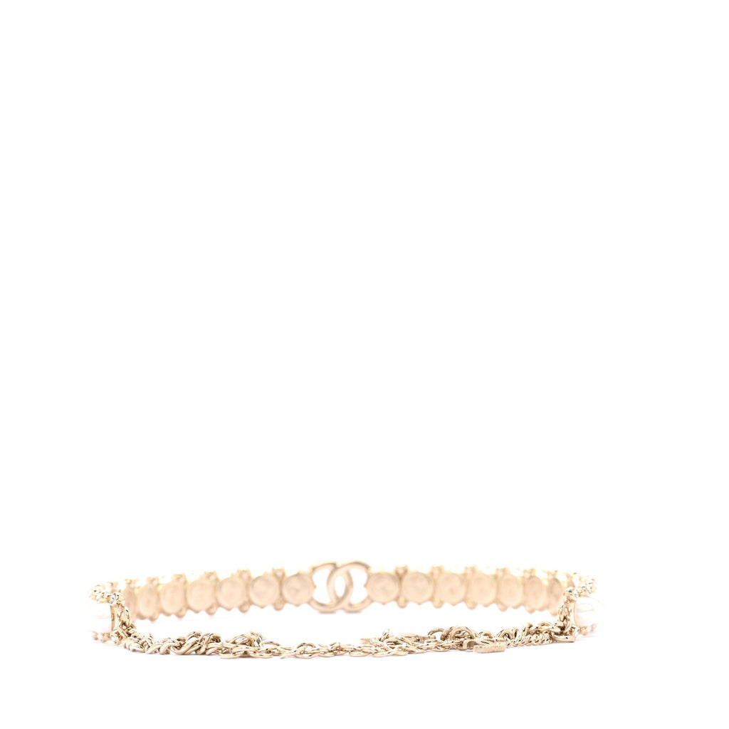 Chanel Strass Crystal Studded Pearl CC Choker Necklace Gold Pearly White