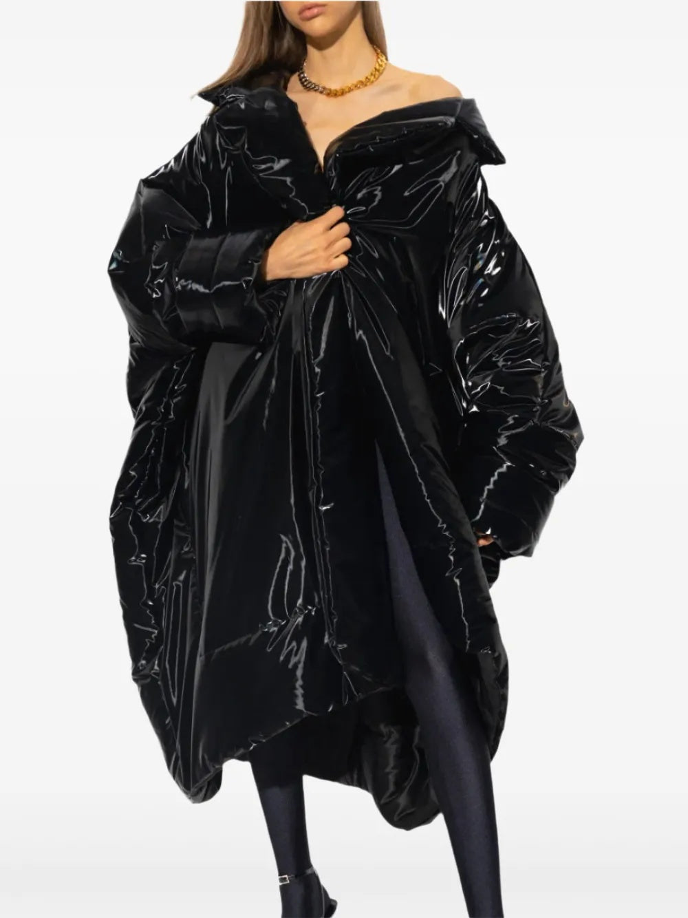 Saint Laurent Crinkled Glossy Padded Coat Black