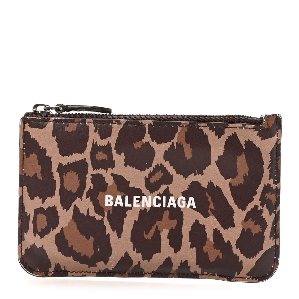 Balenciaga Calfskin Logo Leopard Print Cash Long Coin Card Holder Beige White