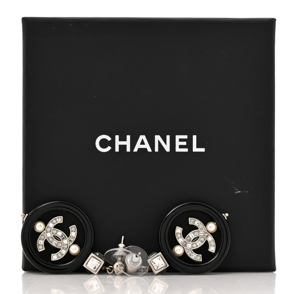 Chanel Metal Resin Crystal Pearl CC Drop Earrings Black Silver