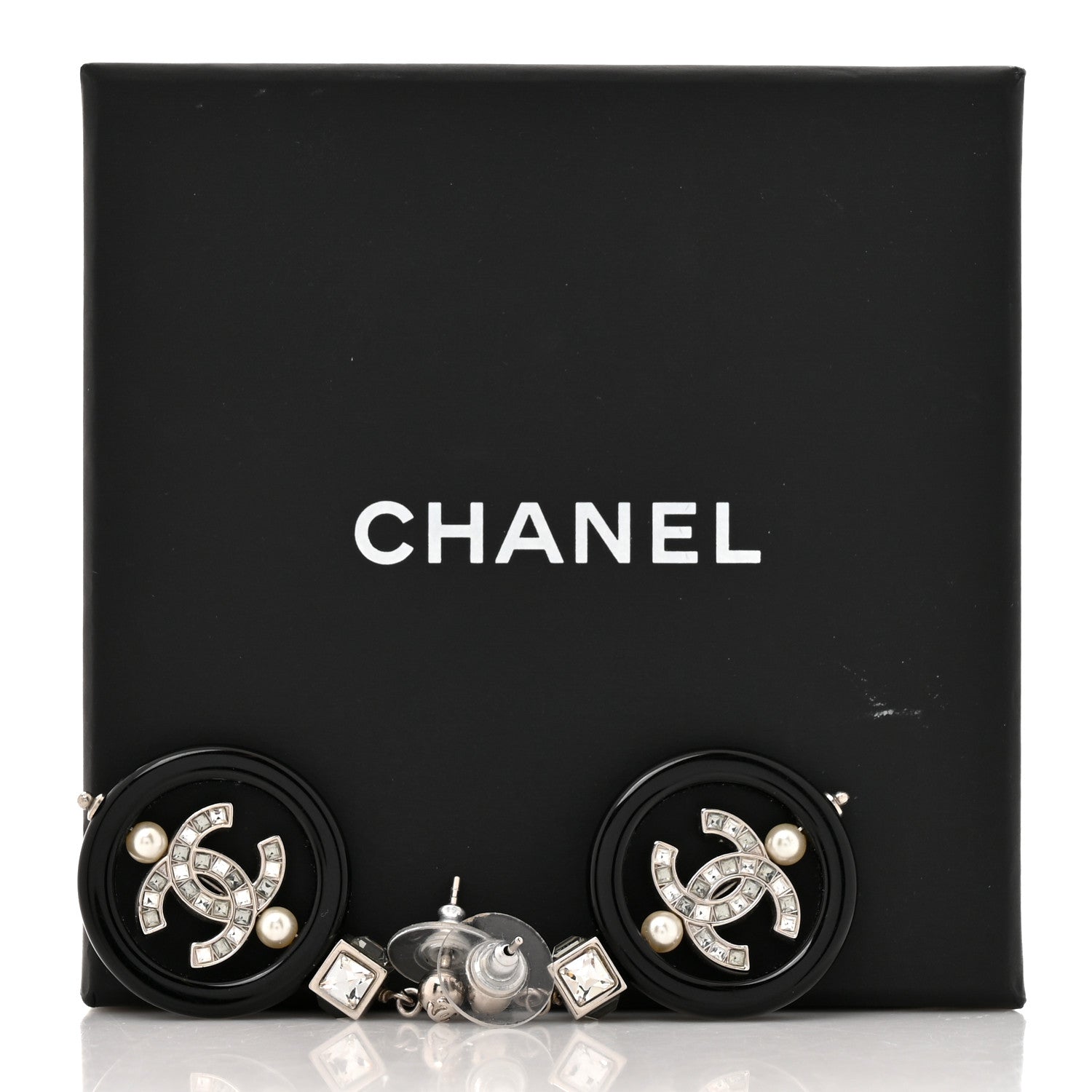 Chanel Metal Resin Crystal Pearl CC Drop Earrings Black Silver