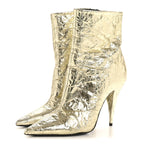Saint Laurent Metallic Crinkled Polyurethane Calfskin Kiki Pointed Toe Ankle Boots 38 Gold