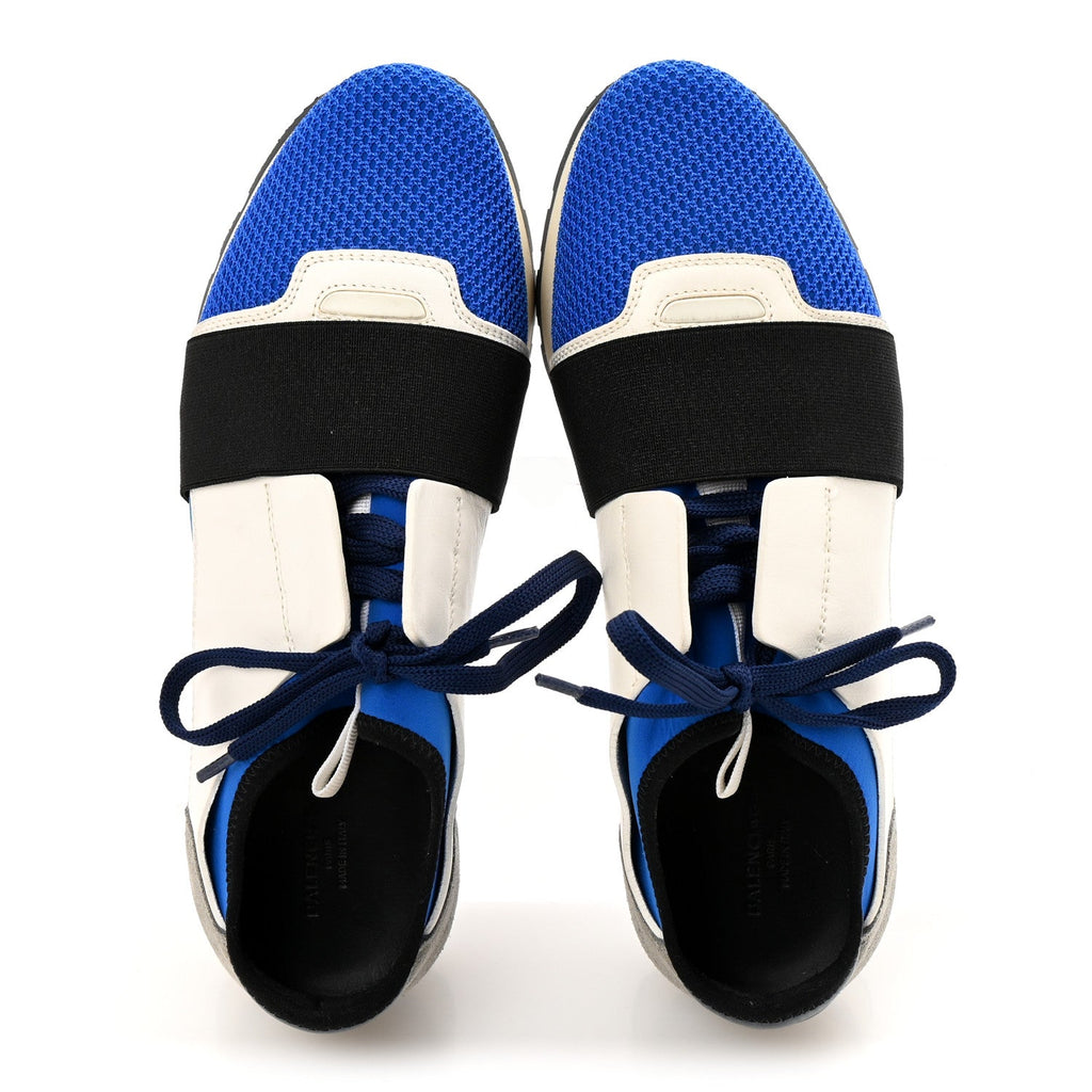 Balenciaga Mesh Neoprene Calfskin Suede Womens Race Runner Sneakers 37 Bleu Saphir White Black