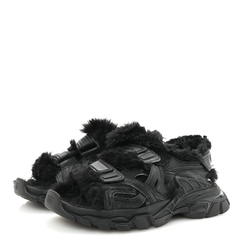 Balenciaga Faux Fur Rubber Mesh Womens Track Sandals 40 Black