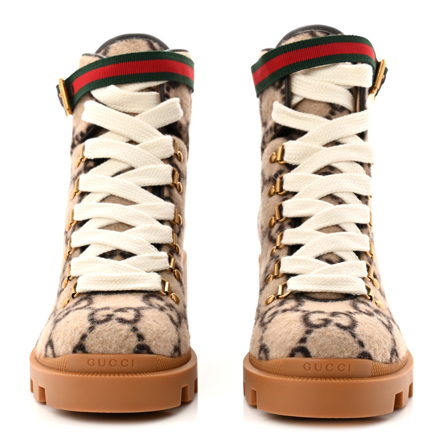 Gucci Covered Wool Big GG Monogram Womens Lace Up Combat Ankle Boots 39 Beige Ebony Cocoa