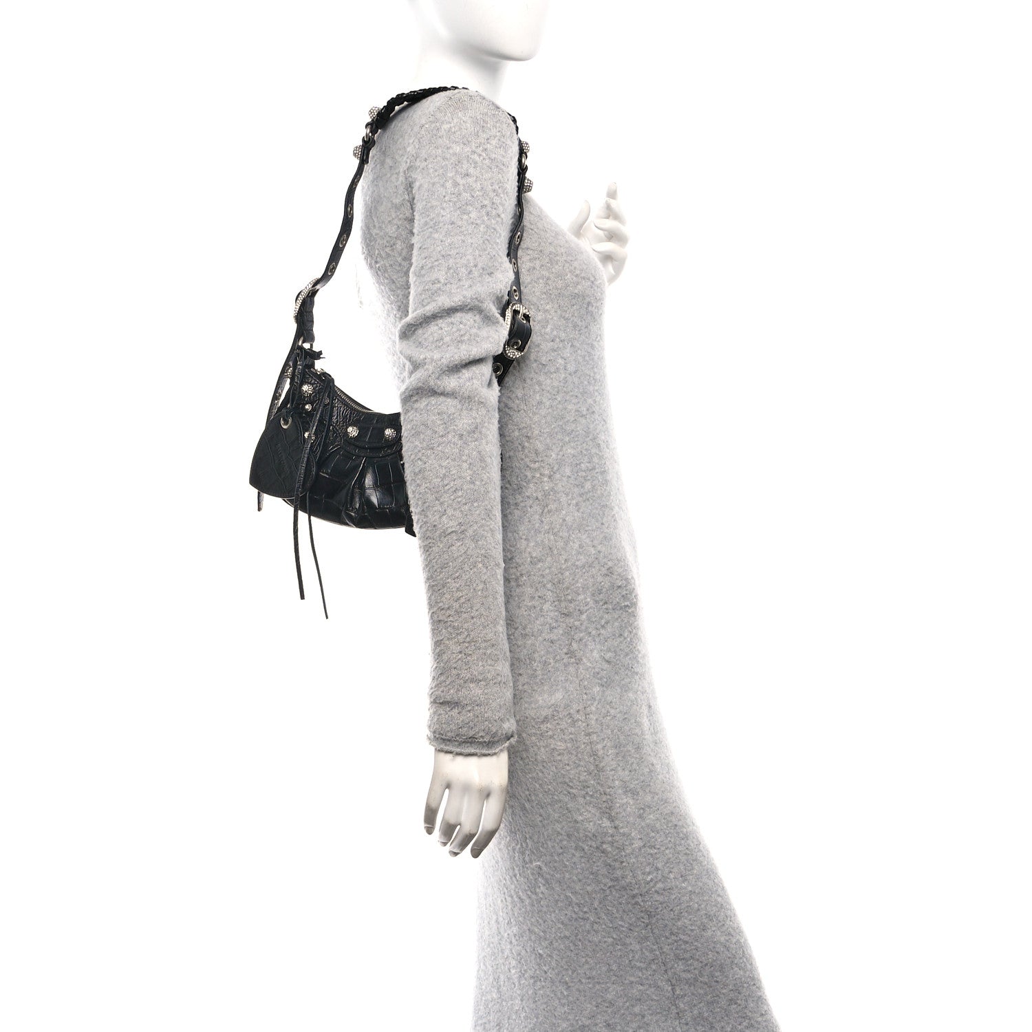 Balenciaga Extra Supple Calfskin Crystal Crocodile Embossed Le Cagole Shoulder Bag XS Black