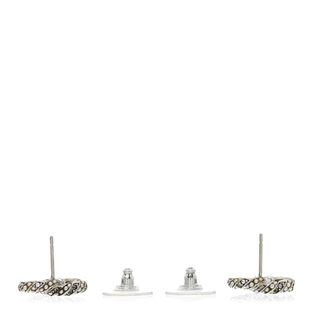 Chanel Crystal Pearl Twisted CC Earrings Silver