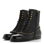 Chanel Calfskin Chain Lace Up Boots 36.5 Black