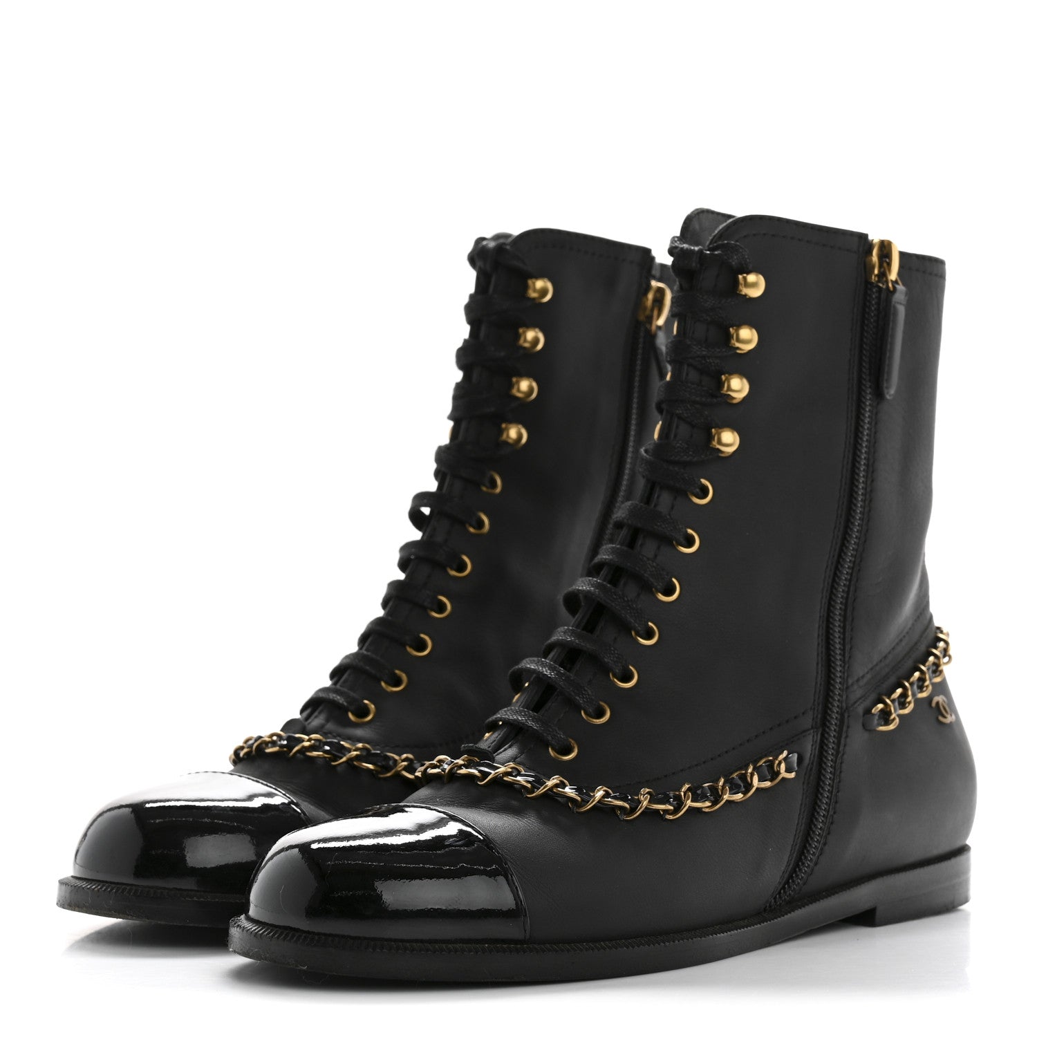 Chanel Calfskin Chain Lace Up Boots 36.5 Black
