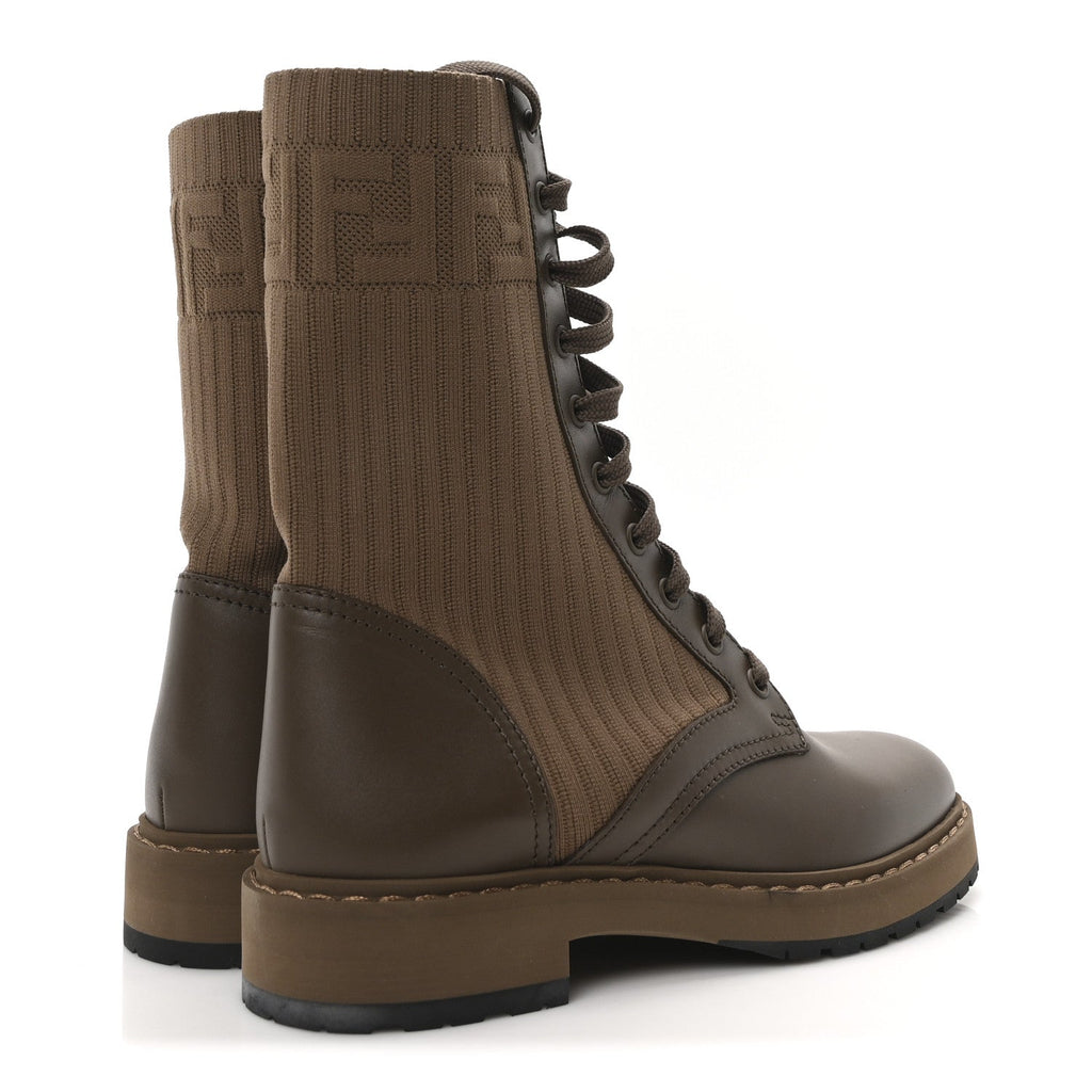 Fendi Vitello Stretch Fabric FF Rockoko Biker Boots 37 Maya Chocolate