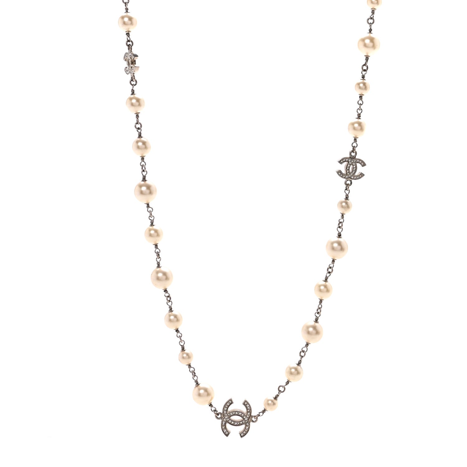 Chanel Graduated Pearl Crystal CC Long Necklace Silver