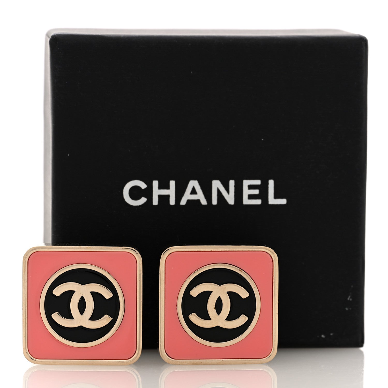 Chanel Metal Enamel CC Square Earrings Gold Pink Black