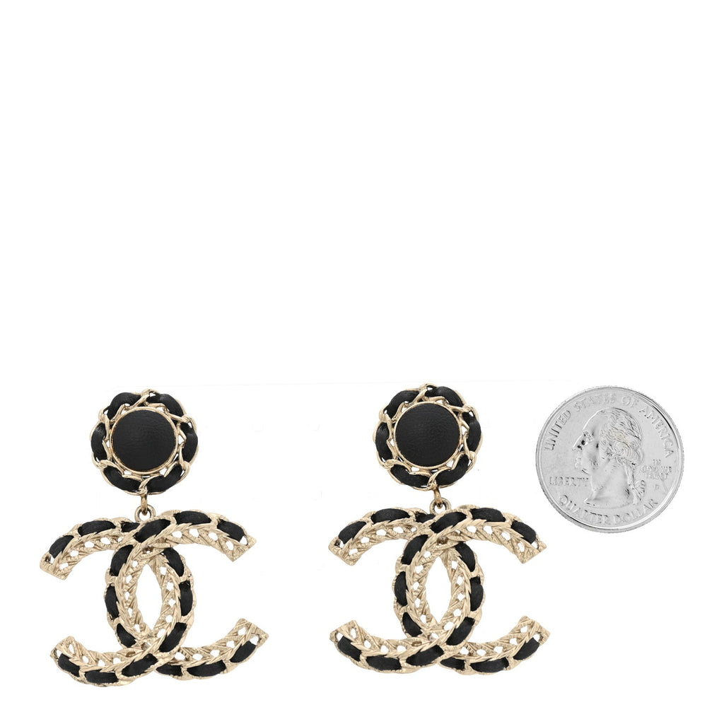 Chanel Lambskin CC Chain Drop Earrings Black Gold