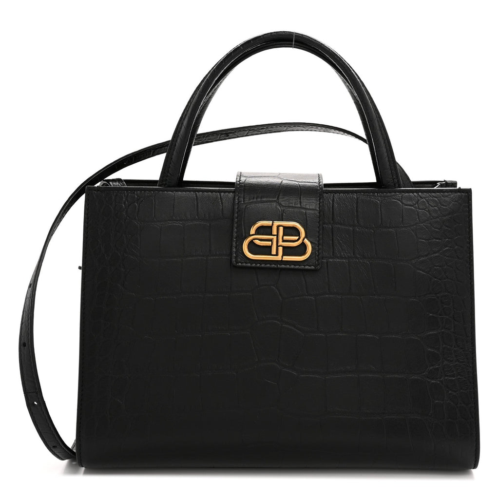 Balenciaga Calfskin Crocodile Embossed Medium Sharp Tote Black