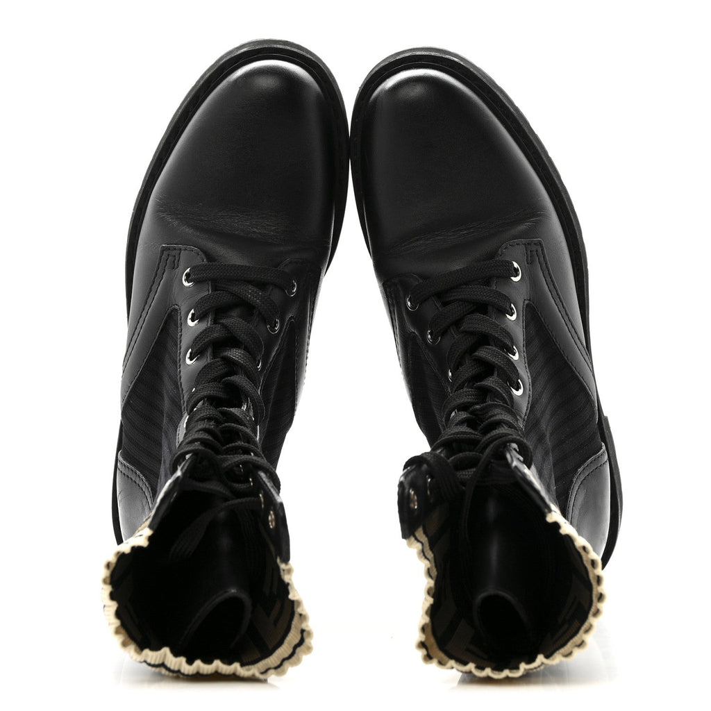 Fendi Calfskin Stretch Fabric Rockoko Biker Boots 36 Tobacco Black Marino